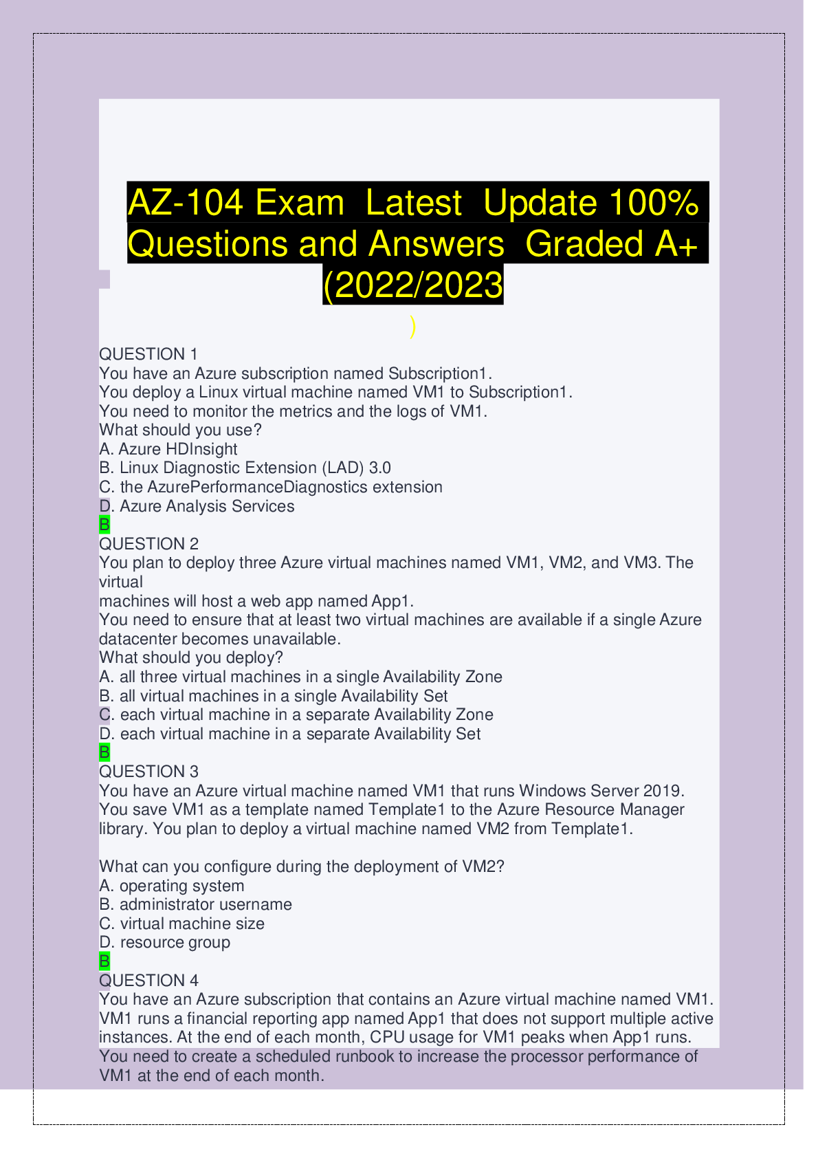 Preview image for AZ 104 Exam: Contains 152 Questions & Answers and Explanations